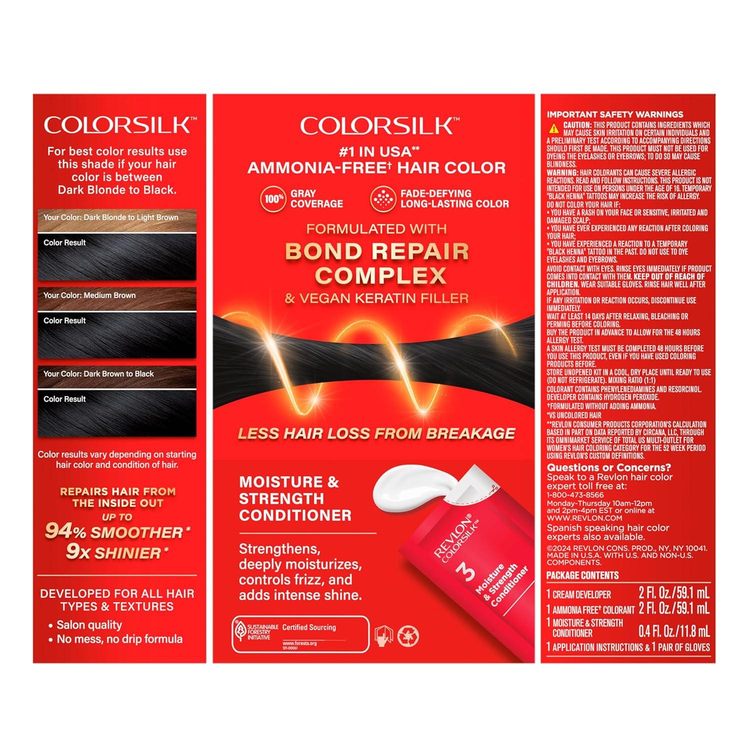 imageRevlon ColorSilk with Bond Repair Complex Black Permanent Hair Color 100 Gray Coverage Ammonia Free Hair Dye Vegan Keratin 10 Black Pack of 310 Black