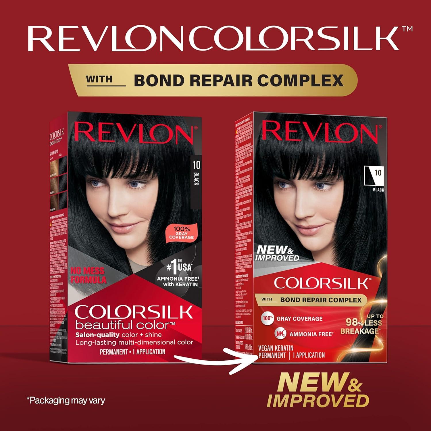 imageRevlon ColorSilk with Bond Repair Complex Black Permanent Hair Color 100 Gray Coverage Ammonia Free Hair Dye Vegan Keratin 10 Black Pack of 310 Black