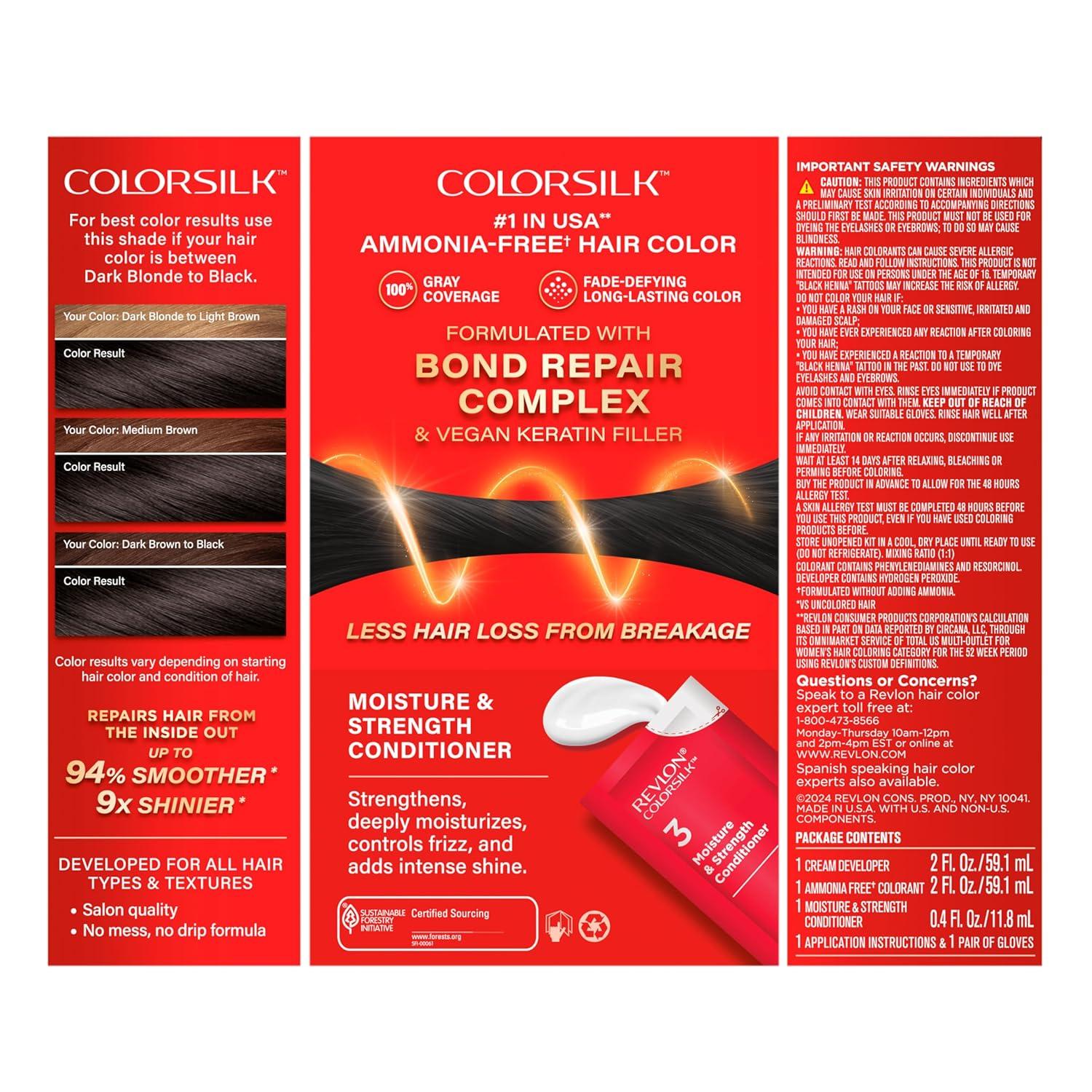 imageRevlon ColorSilk with Bond Repair Complex Black Permanent Hair Color 100 Gray Coverage Ammonia Free Hair Dye Vegan Keratin 10 Black Pack of 311 Soft Black