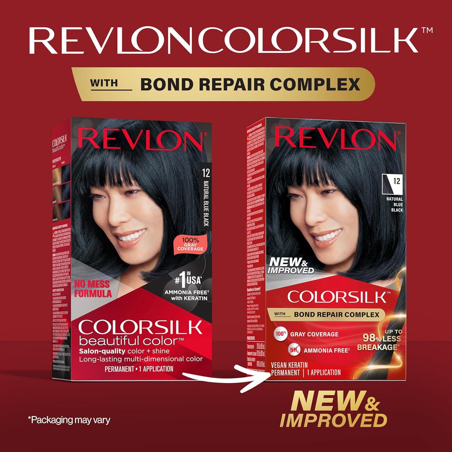 imageRevlon ColorSilk with Bond Repair Complex Black Permanent Hair Color 100 Gray Coverage Ammonia Free Hair Dye Vegan Keratin 10 Black Pack of 312 Natural Blue Black