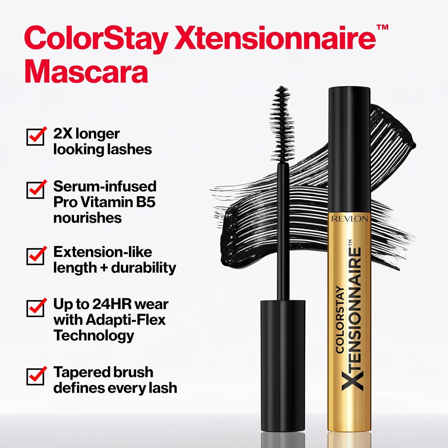 imageRevlon ColorStay Xtensionnaire Lengthening Lash Serum and Mascara In One Tapered Brush for 2X Longer Looking Eyelashes Infused with Pro Vitamin B5 SmudgeProof 201 Blackest BlackBlack Brown