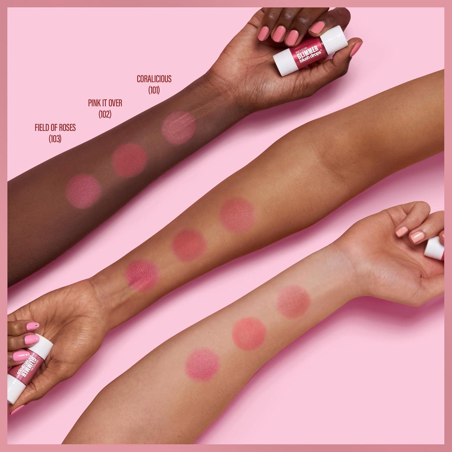 imageRevlon Glimmer Blush Drops Liquid Blush for Cheeks Liquid to Velvety Powder Finish Glowy High Pigment 102 Pink It Over 032 fl oz103 Field of Roses