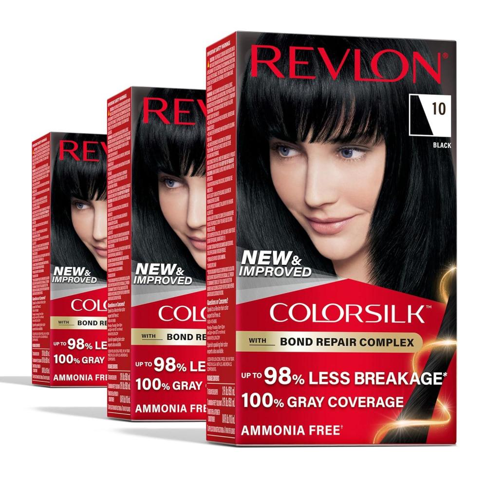 imageRevlon ColorSilk with Bond Repair Complex Black Permanent Hair Color 100 Gray Coverage Ammonia Free Hair Dye Vegan Keratin 10 Black Pack of 310 Black