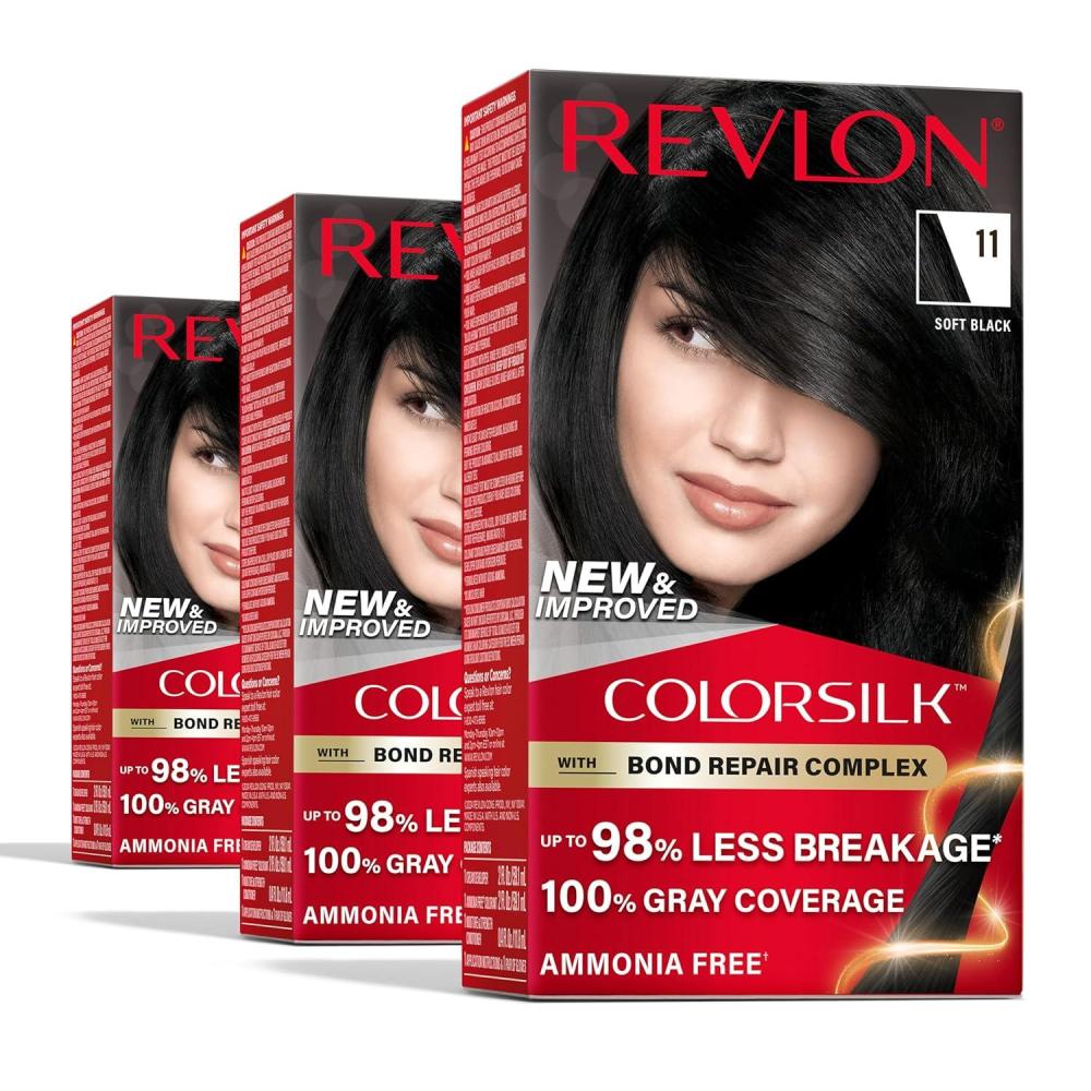 imageRevlon ColorSilk with Bond Repair Complex Black Permanent Hair Color 100 Gray Coverage Ammonia Free Hair Dye Vegan Keratin 10 Black Pack of 311 Soft Black
