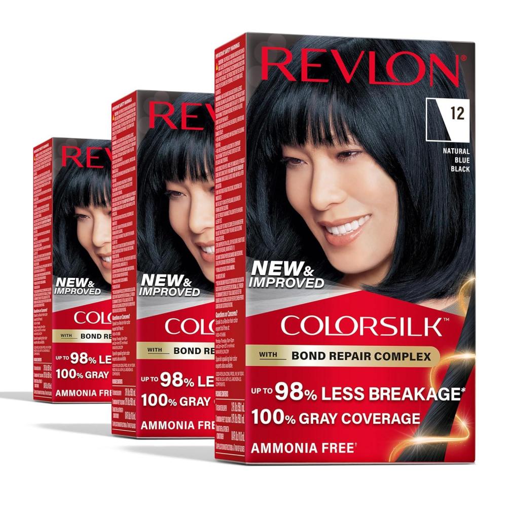 imageRevlon ColorSilk with Bond Repair Complex Black Permanent Hair Color 100 Gray Coverage Ammonia Free Hair Dye Vegan Keratin 10 Black Pack of 312 Natural Blue Black