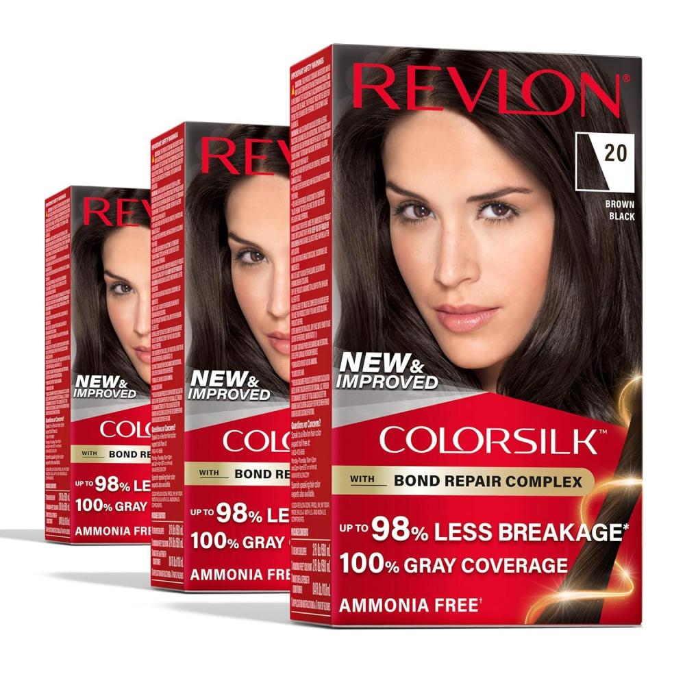 imageRevlon ColorSilk with Bond Repair Complex Black Permanent Hair Color 100 Gray Coverage Ammonia Free Hair Dye Vegan Keratin 10 Black Pack of 320 Brown Black