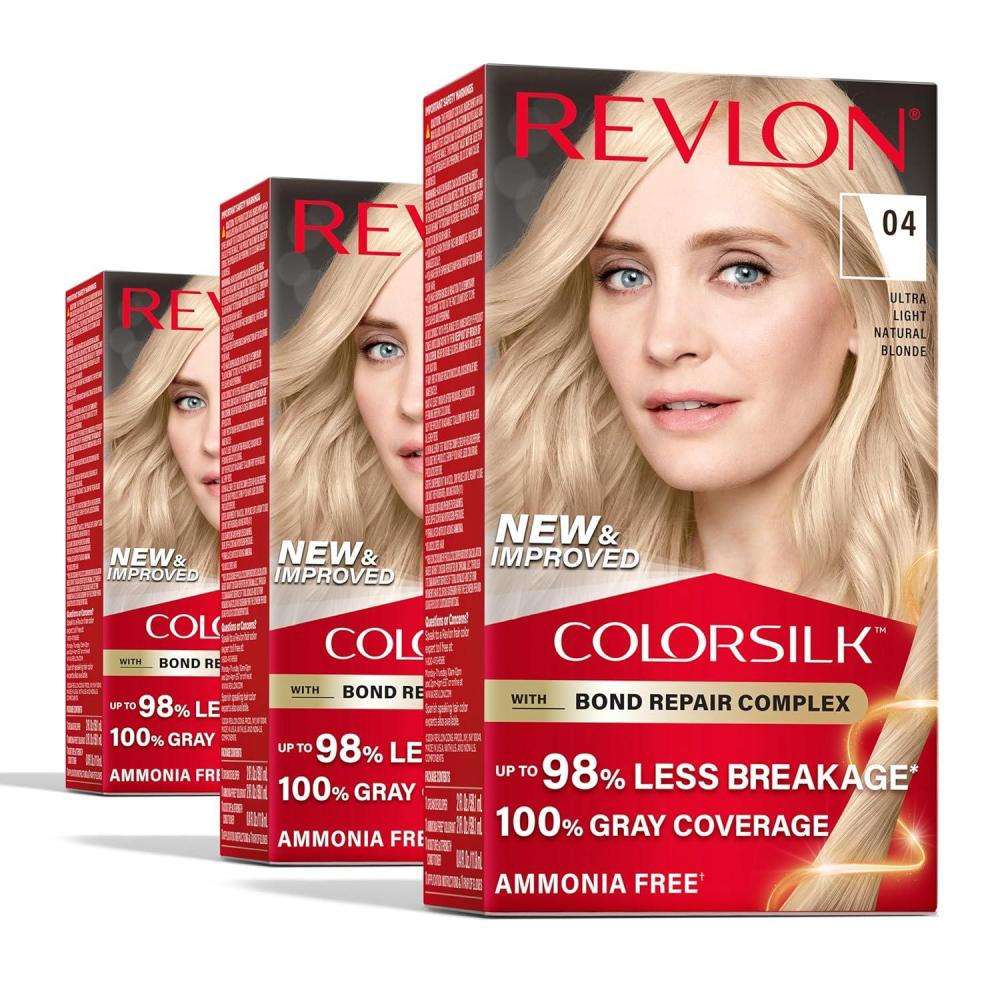 imageRevlon ColorSilk with Bond Repair Complex Blonde Permanent Hair Color 100 Gray Coverage Ammonia Free Hair Dye Vegan Keratin 04 Ultra Light Natural Blonde Pack of 304 Ultra Light Natural Blonde