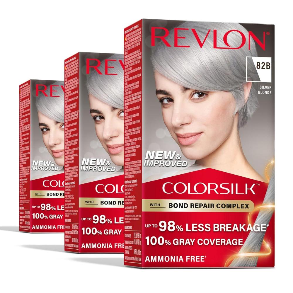 imageRevlon ColorSilk with Bond Repair Complex Blonde Permanent Hair Color 100 Gray Coverage Ammonia Free Hair Dye Vegan Keratin 04 Ultra Light Natural Blonde Pack of 382B Silver Blonde