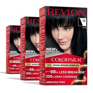 Revlon ColorSilk with Bond Repair Complex, Black Permanent Hair Color, 100% Gray Coverage, Ammonia Free Hair Dye, Vegan Keratin, 10 Black (Pack of 3)(10 Black)