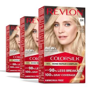 Revlon ColorSilk with Bond Repair Complex, Blonde Permanent Hair Color, 100% Gray Coverage, Ammonia Free Hair Dye, Vegan Keratin, 04 Ultra Light Natural Blonde (Pack of 3)(04 Ultra Light Natural Blonde)