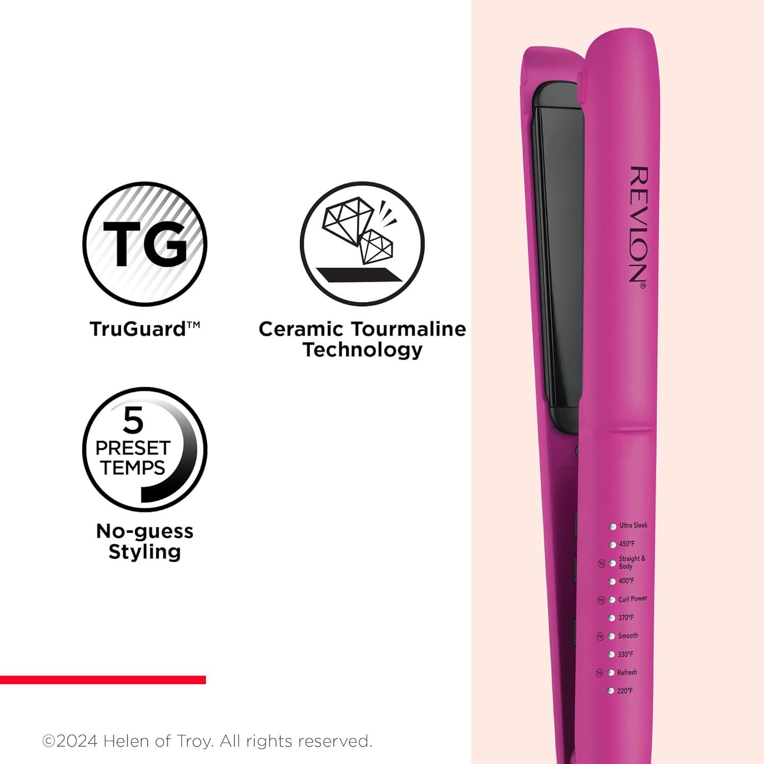 imageREVLON Ceramic Tourmaline 1quot Flat Iron Hair Straightener Evenly Distributes Heat for Less Damage 5 Preset Temperatures for All Hair Types