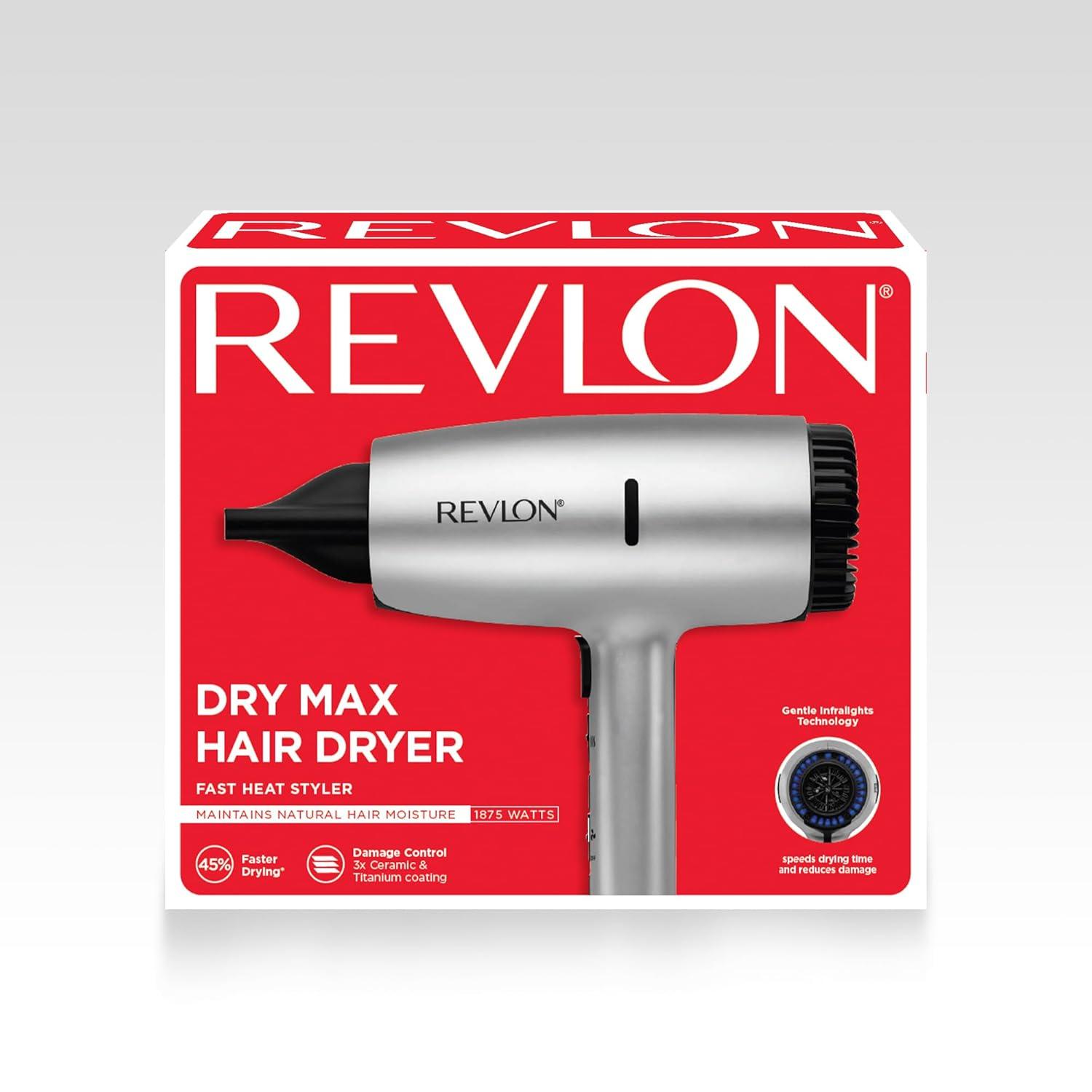 imageREVLON Dry Max Hair Dryer with Diffuser for Natural Curls Prevents Frizz Speeds Drying Time and Reduces Damage Plus Concentrator for Precise Styling 1875 Watts Silver