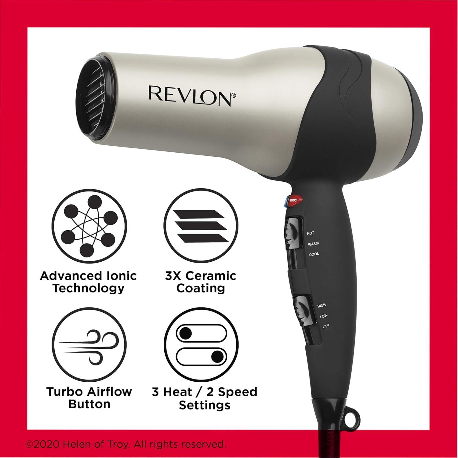 imageREVLON Turbo Hair Dryer with Advanced Ionic Technology Ceramic Coating Turbo Heat and Cold Shot Features 1875 Watts for Fast Drying and Shine SilverGrey