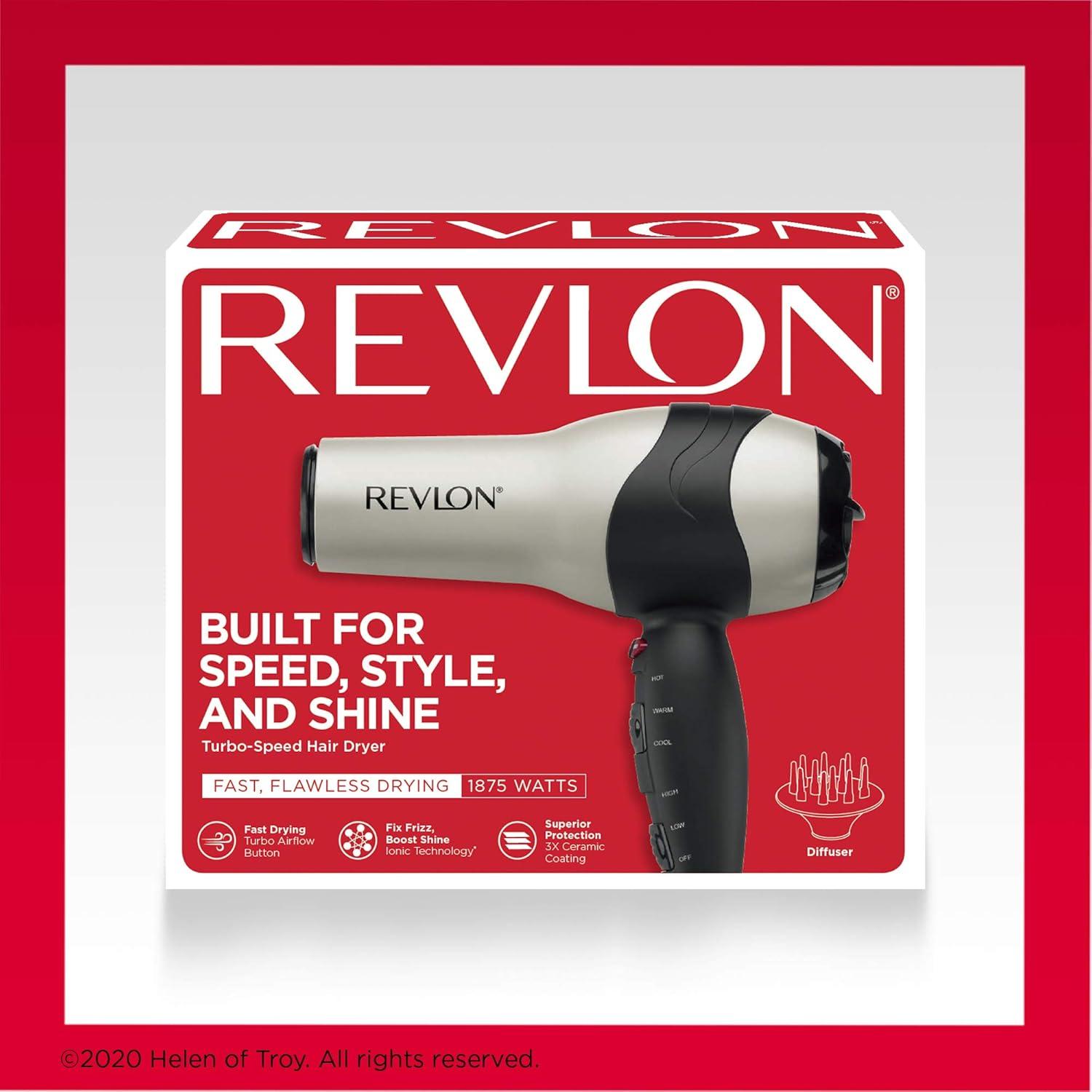 imageREVLON Turbo Hair Dryer with Advanced Ionic Technology Ceramic Coating Turbo Heat and Cold Shot Features 1875 Watts for Fast Drying and Shine SilverGrey