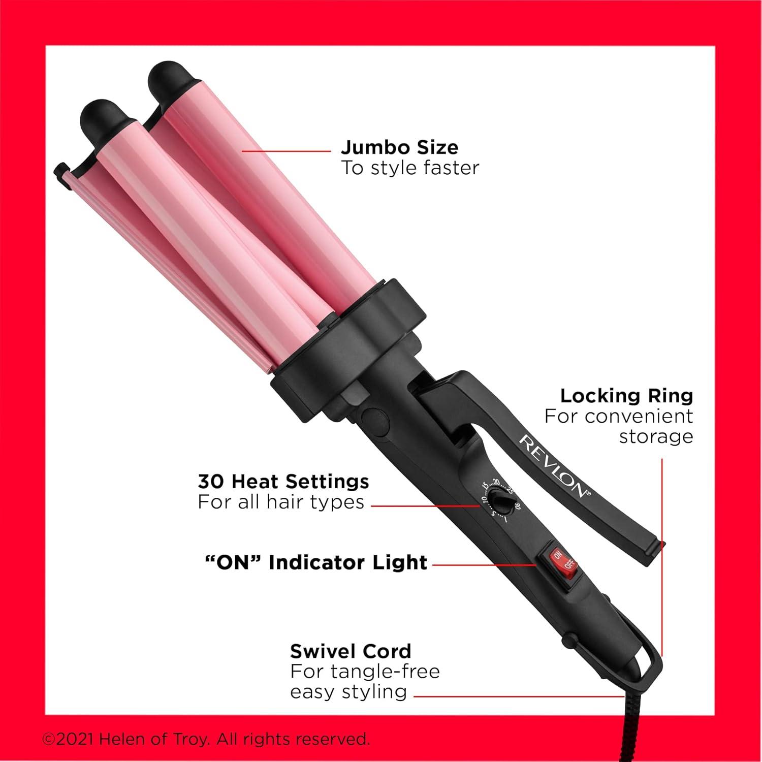 imageRevlon 3 Barrel Jumbo Hair Waver LongLasting Natural Looking Waves PinkPink