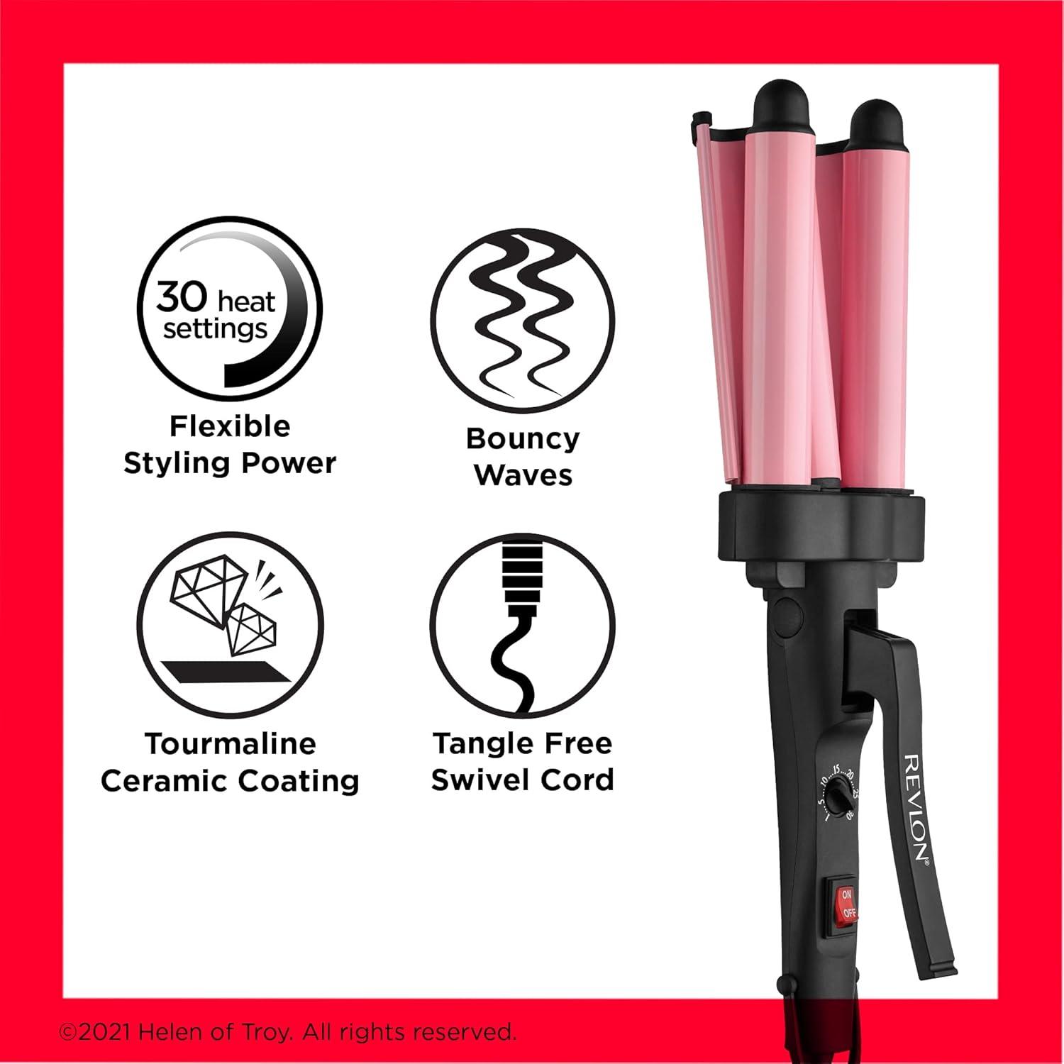 imageRevlon 3 Barrel Jumbo Hair Waver LongLasting Natural Looking Waves PinkPink