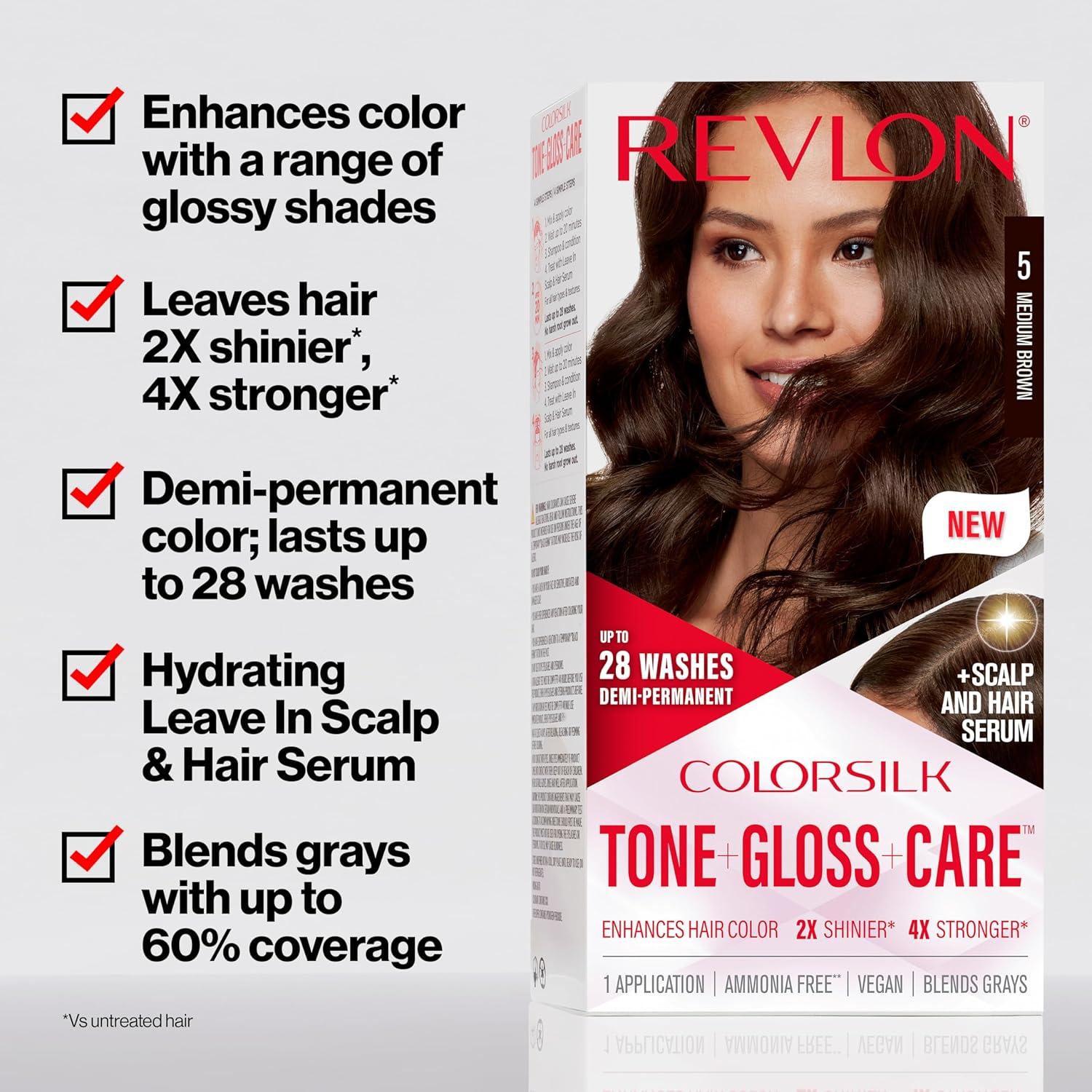 imageRevlon ColorSilk Tone Gloss Care Demi Permanent Hair Color Dye Kit with LeaveIn Scalp and Haircare Serum 2x Shinier 4x Stronger 1 Black 45 fl oz1 Black
