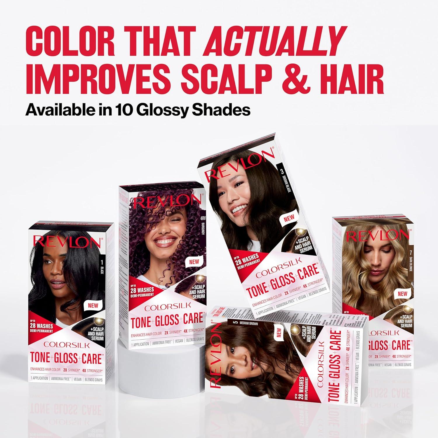 imageRevlon ColorSilk Tone Gloss Care Demi Permanent Hair Color Dye Kit with LeaveIn Scalp and Haircare Serum 2x Shinier 4x Stronger 1 Black 45 fl oz3 Brown Black