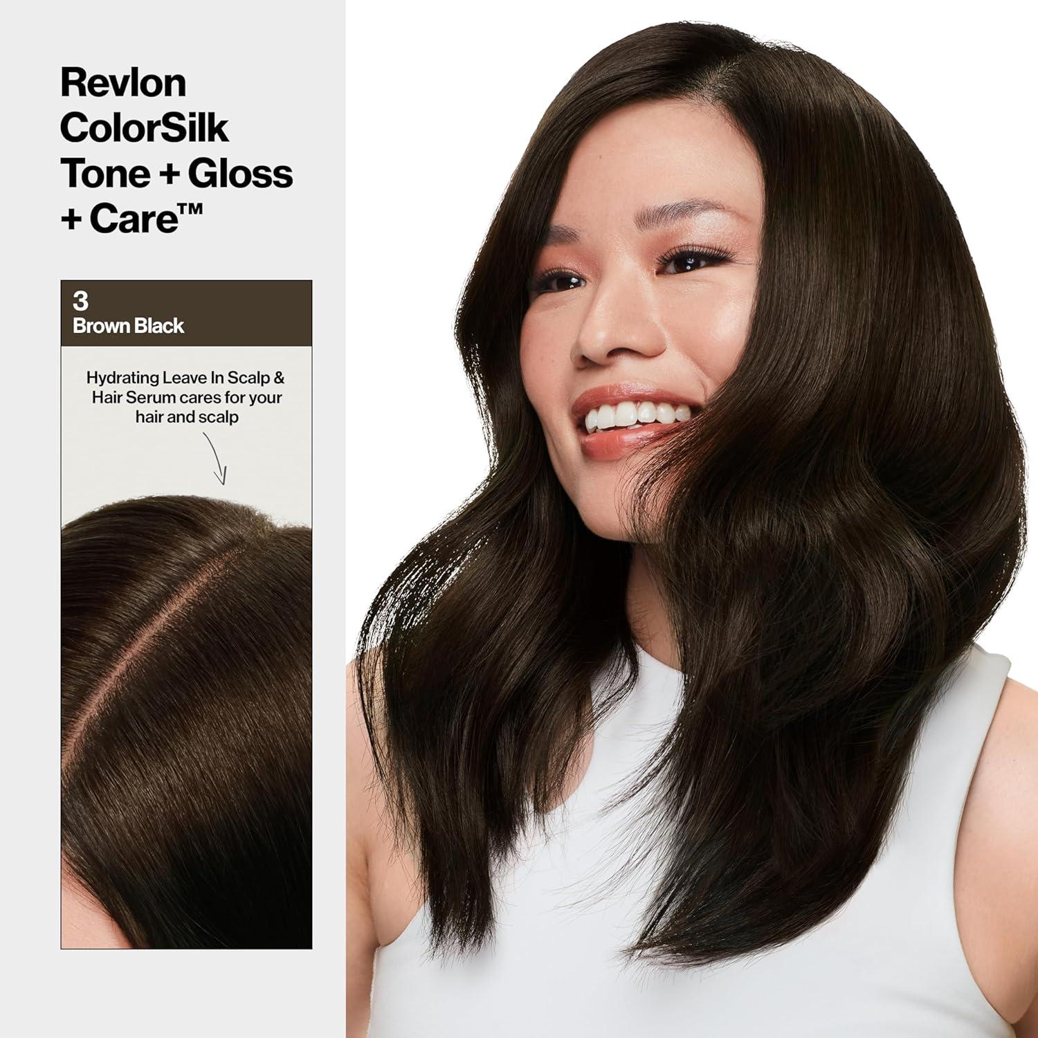 imageRevlon ColorSilk Tone Gloss Care Demi Permanent Hair Color Dye Kit with LeaveIn Scalp and Haircare Serum 2x Shinier 4x Stronger 1 Black 45 fl oz3 Brown Black