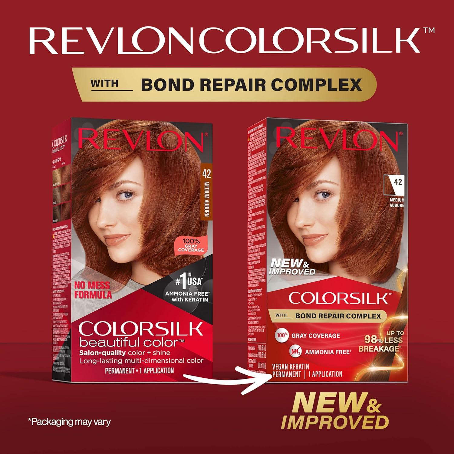 imageRevlon ColorSilk with Bond Repair Complex Auburn Permanent Hair Color 100 Gray Coverage Ammonia Free Hair Dye Vegan Keratin 42 Medium Auburn Pack of 342 Medium Auburn