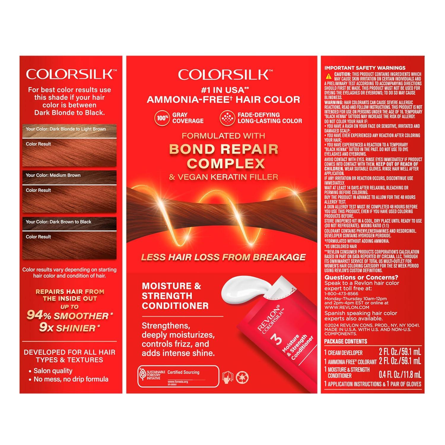 imageRevlon ColorSilk with Bond Repair Complex Auburn Permanent Hair Color 100 Gray Coverage Ammonia Free Hair Dye Vegan Keratin 42 Medium Auburn Pack of 342 Medium Auburn