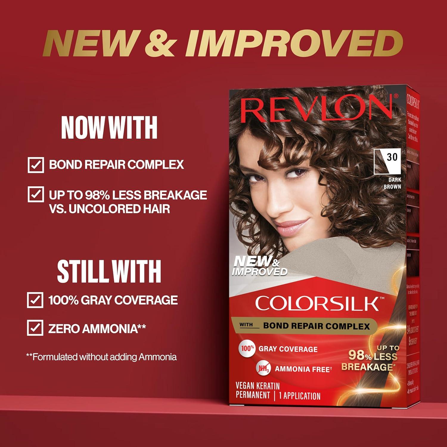 imageRevlon ColorSilk with Bond Repair Complex Brown Permanent Hair Color 100 Gray Coverage Ammonia Free Hair Dye Vegan Keratin 30 Dark Brown Pack of 327 Deep Rich Brown