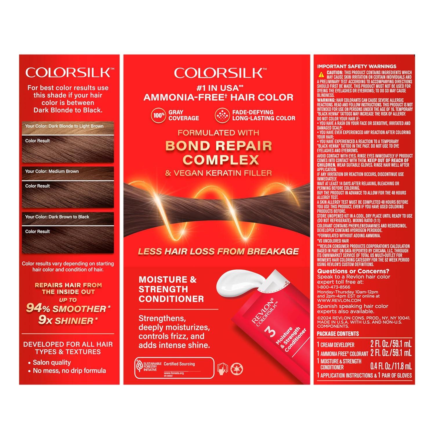 imageRevlon ColorSilk with Bond Repair Complex Brown Permanent Hair Color 100 Gray Coverage Ammonia Free Hair Dye Vegan Keratin 30 Dark Brown Pack of 332 Dark Mahogany Brown