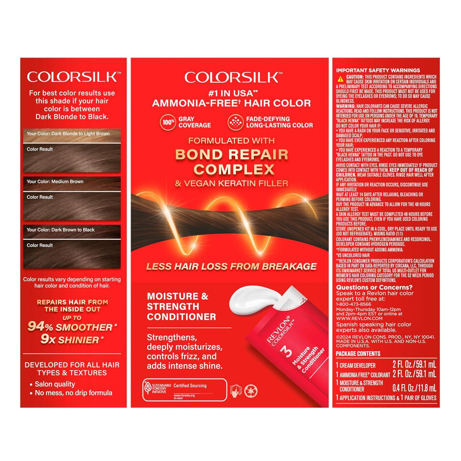 imageRevlon ColorSilk with Bond Repair Complex Brown Permanent Hair Color 100 Gray Coverage Ammonia Free Hair Dye Vegan Keratin 30 Dark Brown Pack of 341 Medium Brown