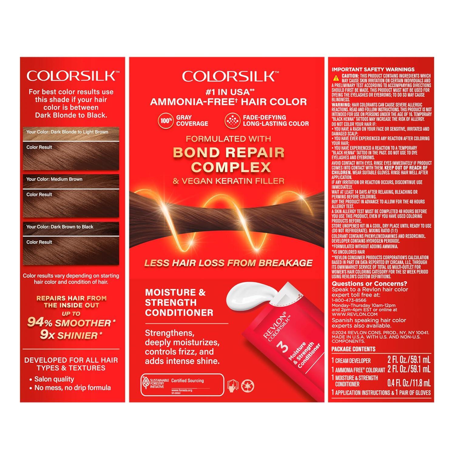imageRevlon ColorSilk with Bond Repair Complex Brown Permanent Hair Color 100 Gray Coverage Ammonia Free Hair Dye Vegan Keratin 30 Dark Brown Pack of 347 Medium Rich Brown