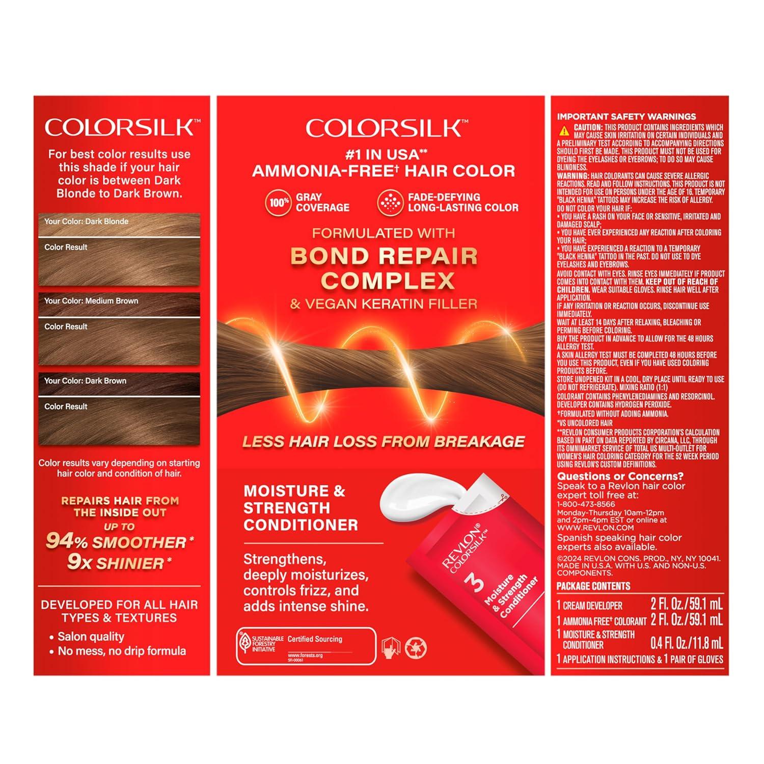 imageRevlon ColorSilk with Bond Repair Complex Brown Permanent Hair Color 100 Gray Coverage Ammonia Free Hair Dye Vegan Keratin 30 Dark Brown Pack of 351 Light Brown