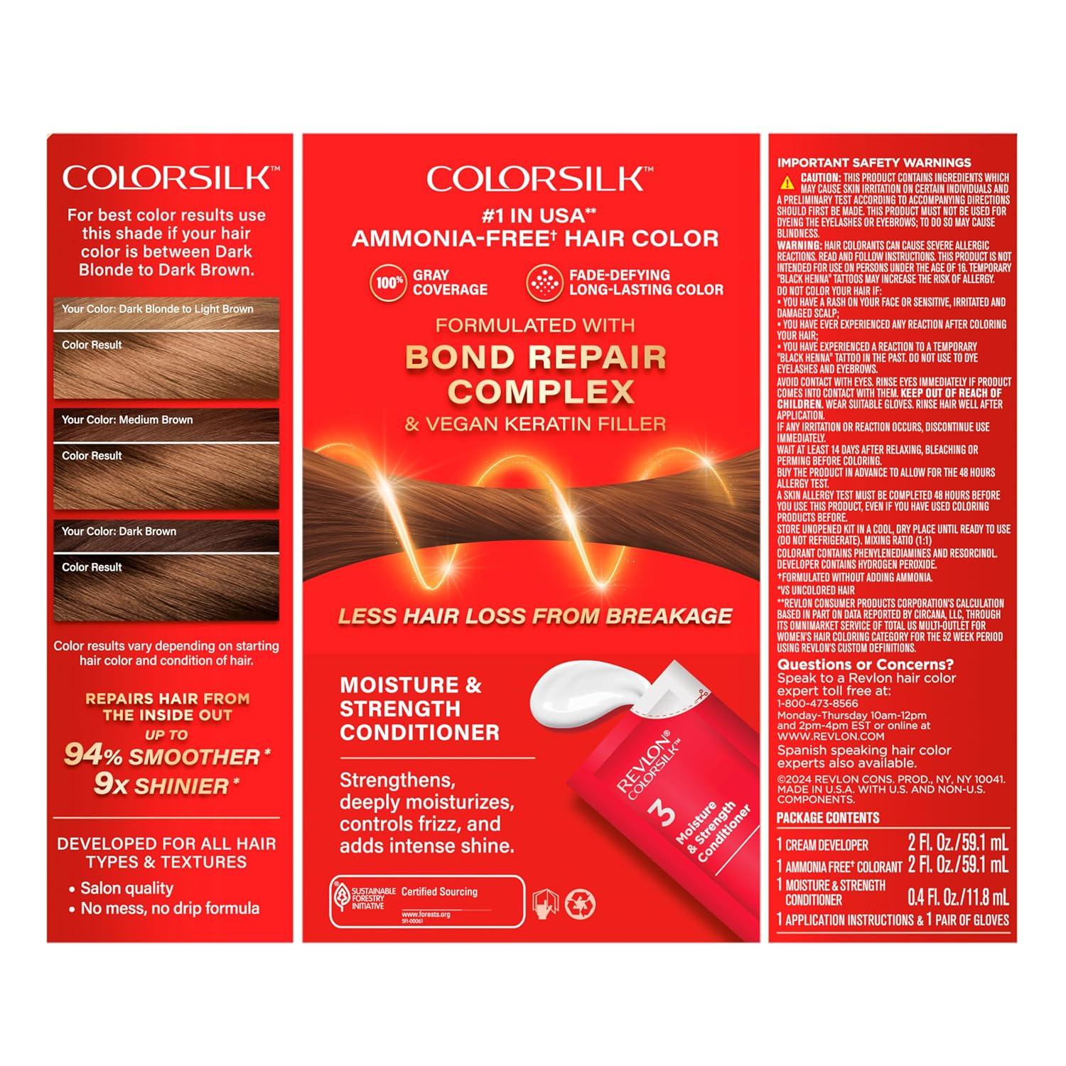 imageRevlon ColorSilk with Bond Repair Complex Brown Permanent Hair Color 100 Gray Coverage Ammonia Free Hair Dye Vegan Keratin 30 Dark Brown Pack of 354 Light Golden Brown