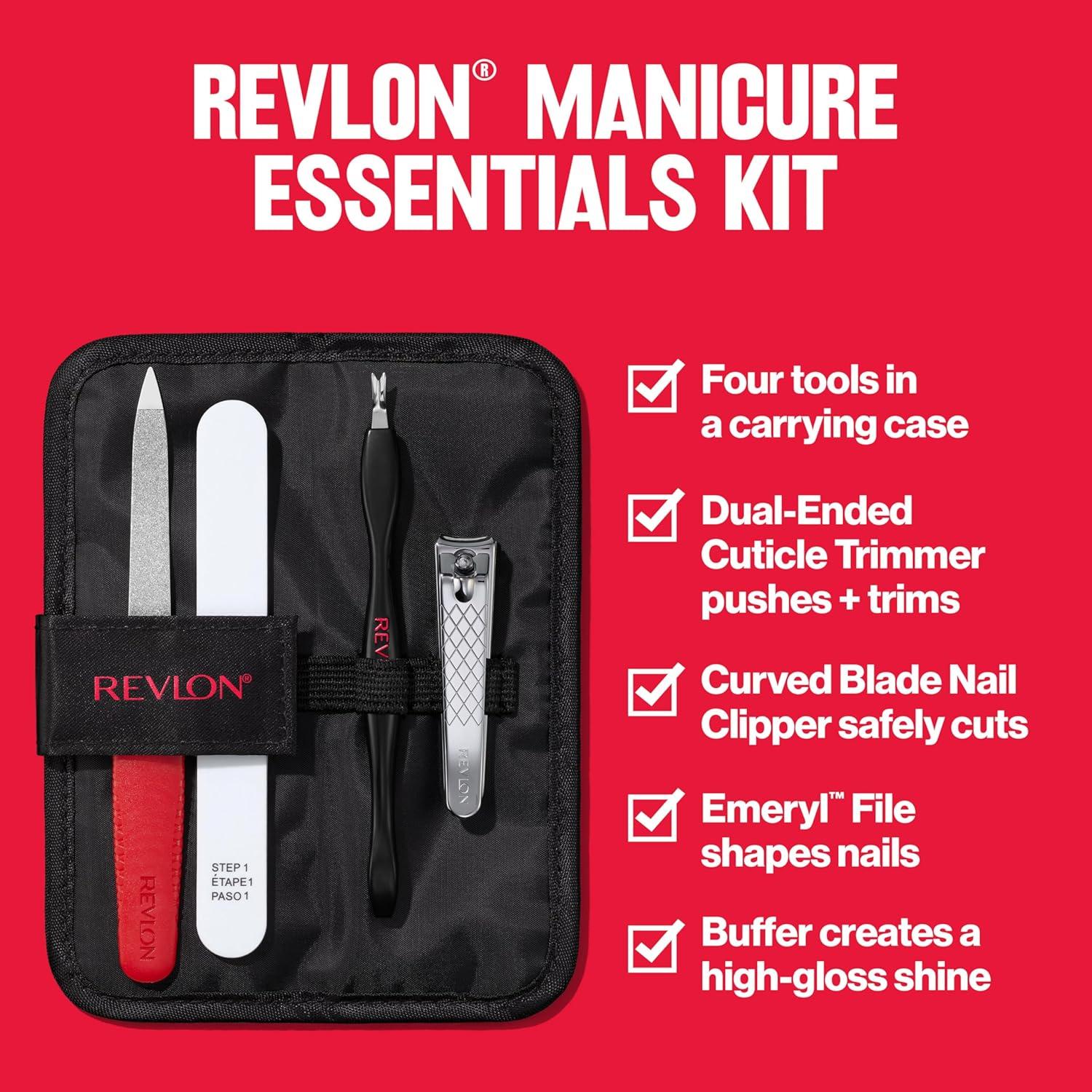imageRevlon Manicure Essentials Kit with Travel Case Nail Care Set with Dual Ended Cuticle Trimmer Curved Blade Clippers Compact Emeryl File ampamp Buffer Pack of 1