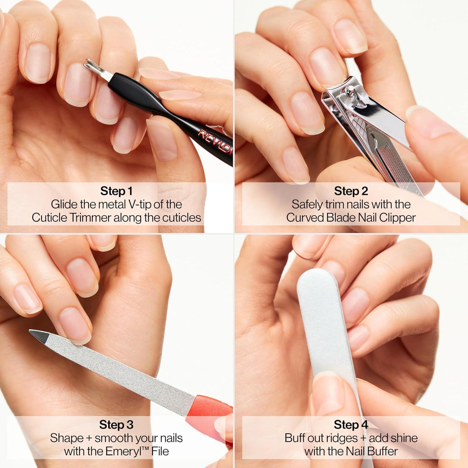 imageRevlon Manicure Essentials Kit with Travel Case Nail Care Set with Dual Ended Cuticle Trimmer Curved Blade Clippers Compact Emeryl File ampamp Buffer Pack of 1
