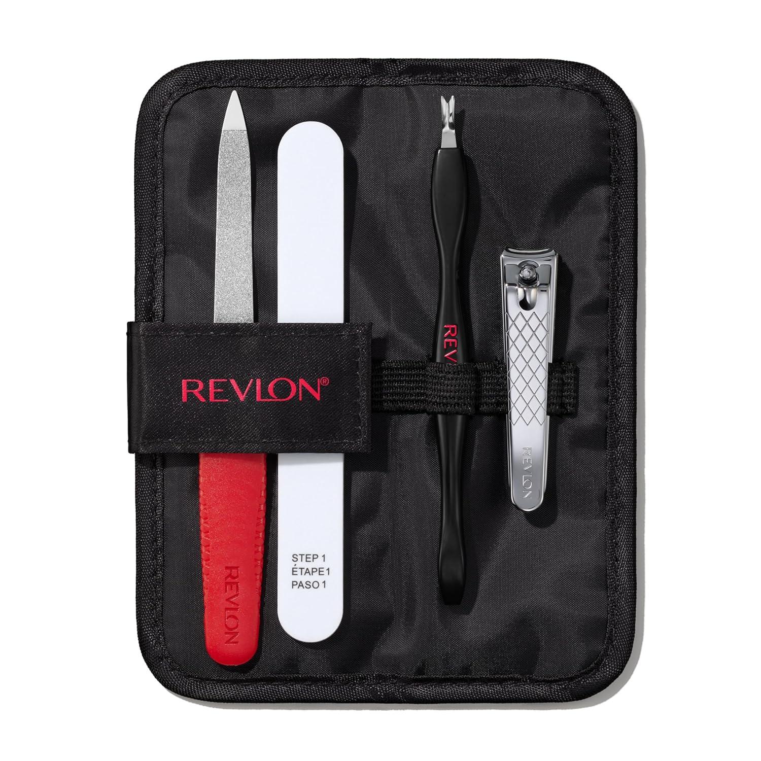 imageRevlon Manicure Essentials Kit with Travel Case Nail Care Set with Dual Ended Cuticle Trimmer Curved Blade Clippers Compact Emeryl File ampamp Buffer Pack of 1
