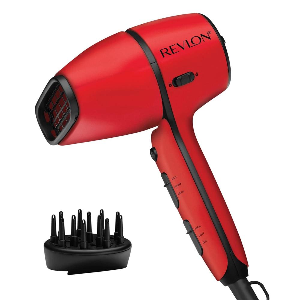 imageREVLON Airflow Control Hair Dryer with Diffuser 1875W Blow Dryer Head Rotates 90 for Total Control Wider Head for Less Drying Time Reduces Frizz Red3 Piece Set