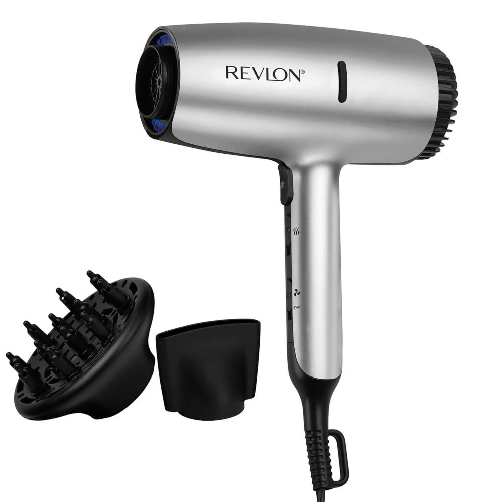 imageREVLON Dry Max Hair Dryer with Diffuser for Natural Curls Prevents Frizz Speeds Drying Time and Reduces Damage Plus Concentrator for Precise Styling 1875 Watts Silver