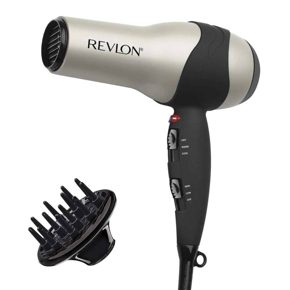 imageREVLON Turbo Hair Dryer with Advanced Ionic Technology Ceramic Coating Turbo Heat and Cold Shot Features 1875 Watts for Fast Drying and Shine SilverGrey