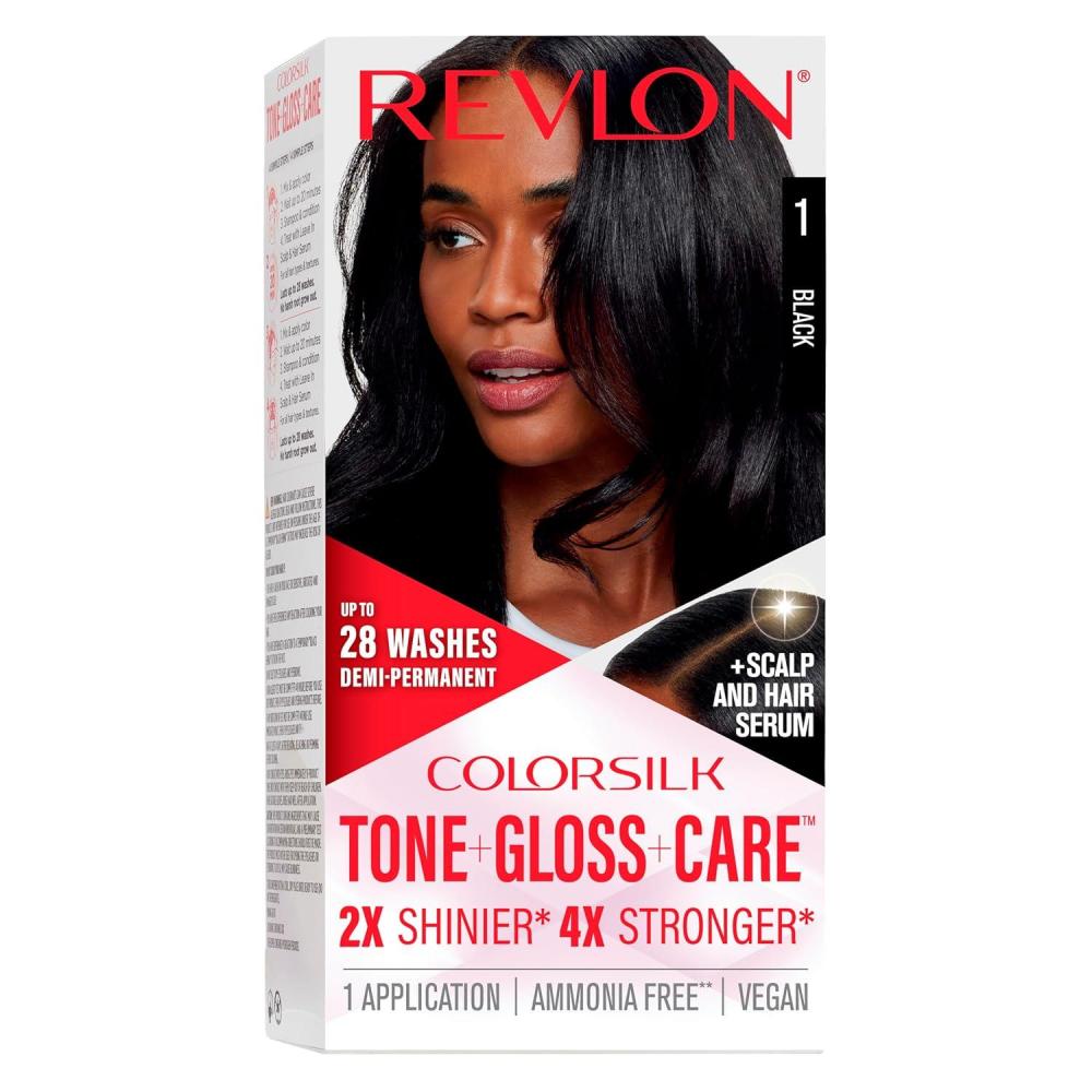 imageRevlon ColorSilk Tone Gloss Care Demi Permanent Hair Color Dye Kit with LeaveIn Scalp and Haircare Serum 2x Shinier 4x Stronger 1 Black 45 fl oz1 Black