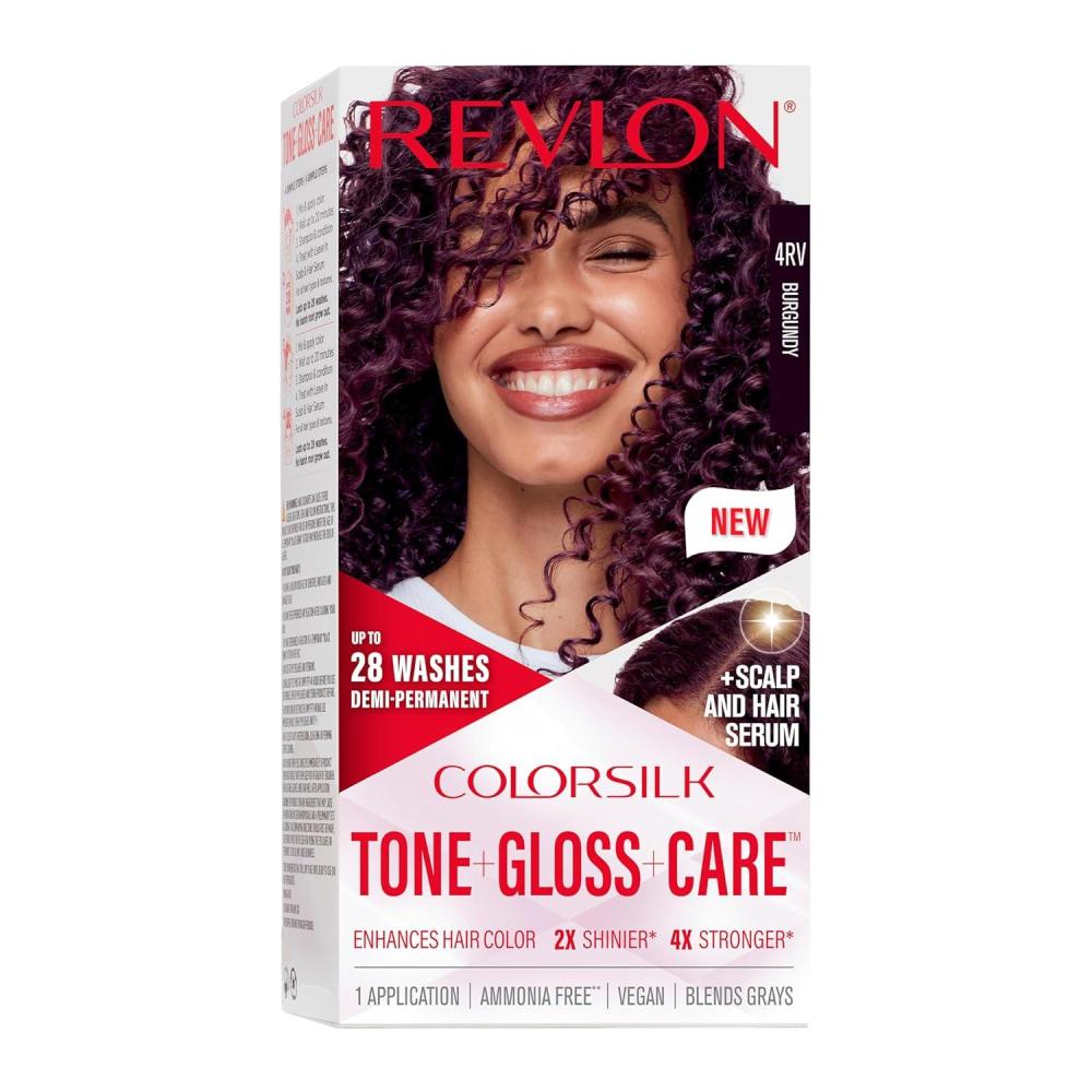 imageRevlon ColorSilk Tone Gloss Care Demi Permanent Hair Color Dye Kit with LeaveIn Scalp and Haircare Serum 2x Shinier 4x Stronger 1 Black 45 fl oz4RV Burgundy