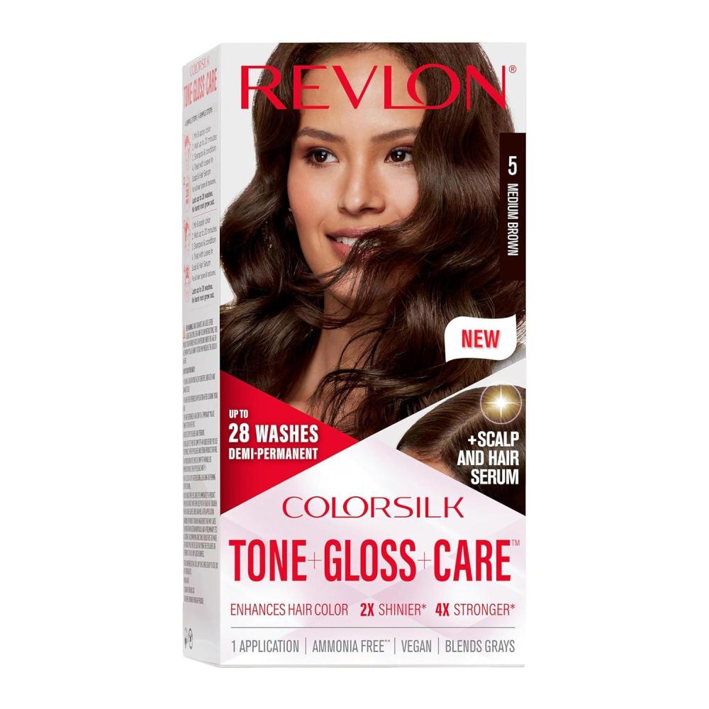 imageRevlon ColorSilk Tone Gloss Care Demi Permanent Hair Color Dye Kit with LeaveIn Scalp and Haircare Serum 2x Shinier 4x Stronger 1 Black 45 fl oz5 Medium Brown