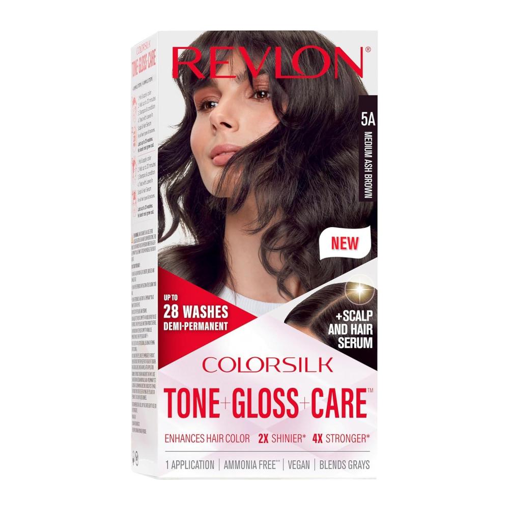 imageRevlon ColorSilk Tone Gloss Care Demi Permanent Hair Color Dye Kit with LeaveIn Scalp and Haircare Serum 2x Shinier 4x Stronger 1 Black 45 fl oz5A Medium Ash Brown