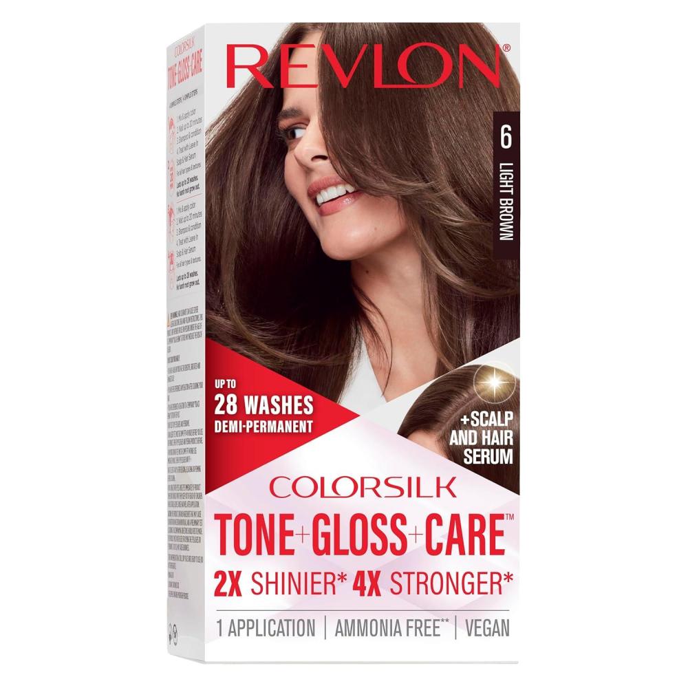 imageRevlon ColorSilk Tone Gloss Care Demi Permanent Hair Color Dye Kit with LeaveIn Scalp and Haircare Serum 2x Shinier 4x Stronger 1 Black 45 fl oz6 Light Brown