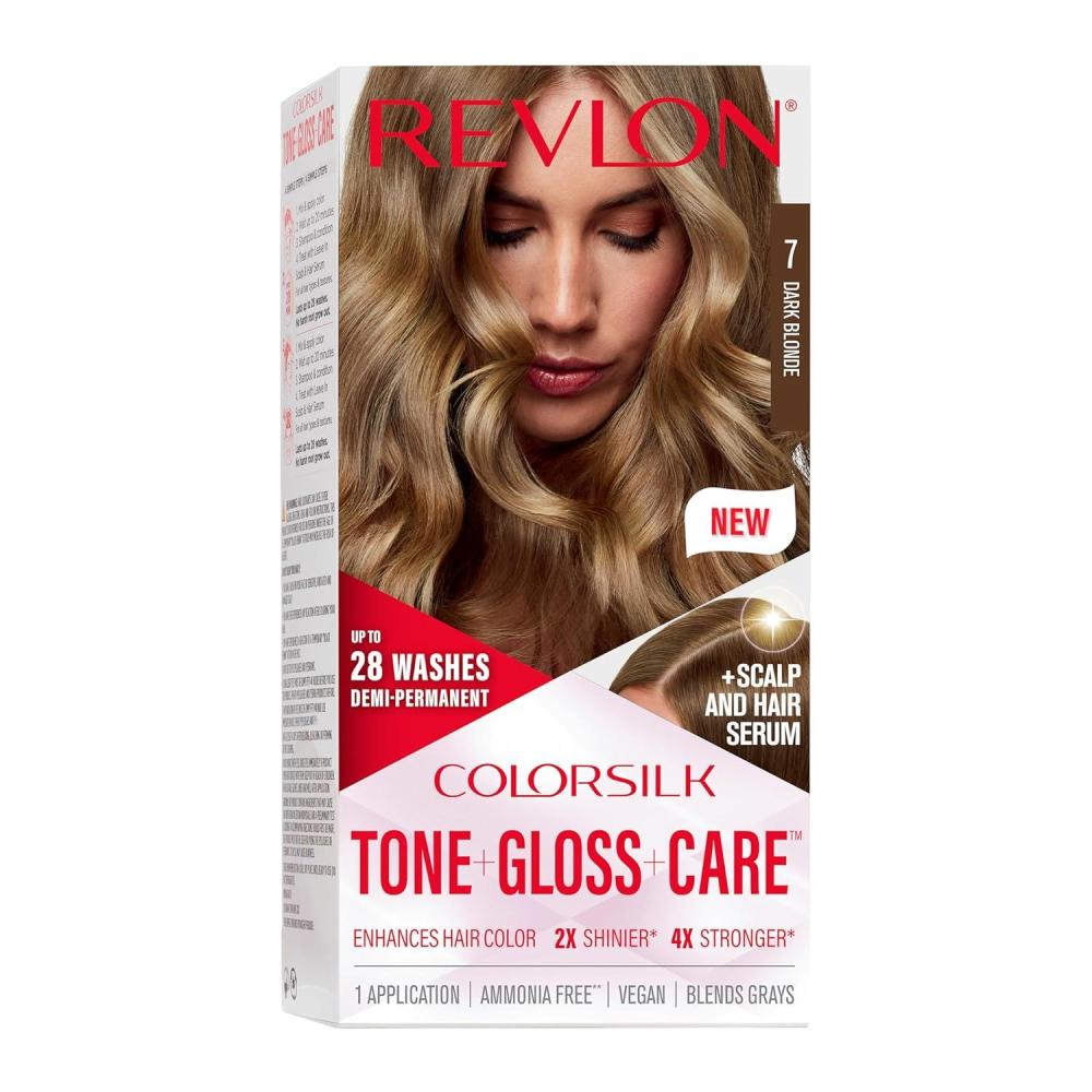 imageRevlon ColorSilk Tone Gloss Care Demi Permanent Hair Color Dye Kit with LeaveIn Scalp and Haircare Serum 2x Shinier 4x Stronger 1 Black 45 fl oz7 Dark Blonde