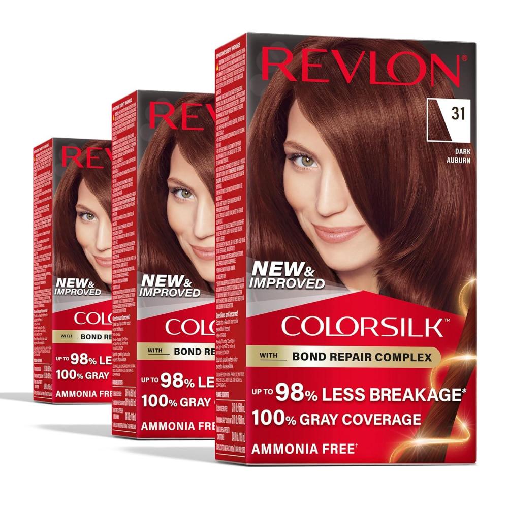 imageRevlon ColorSilk with Bond Repair Complex Auburn Permanent Hair Color 100 Gray Coverage Ammonia Free Hair Dye Vegan Keratin 42 Medium Auburn Pack of 331 Dark Auburn