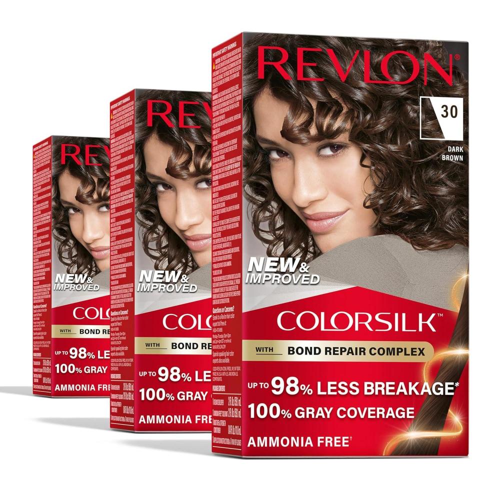 imageRevlon ColorSilk with Bond Repair Complex Brown Permanent Hair Color 100 Gray Coverage Ammonia Free Hair Dye Vegan Keratin 30 Dark Brown Pack of 330 Dark Brown