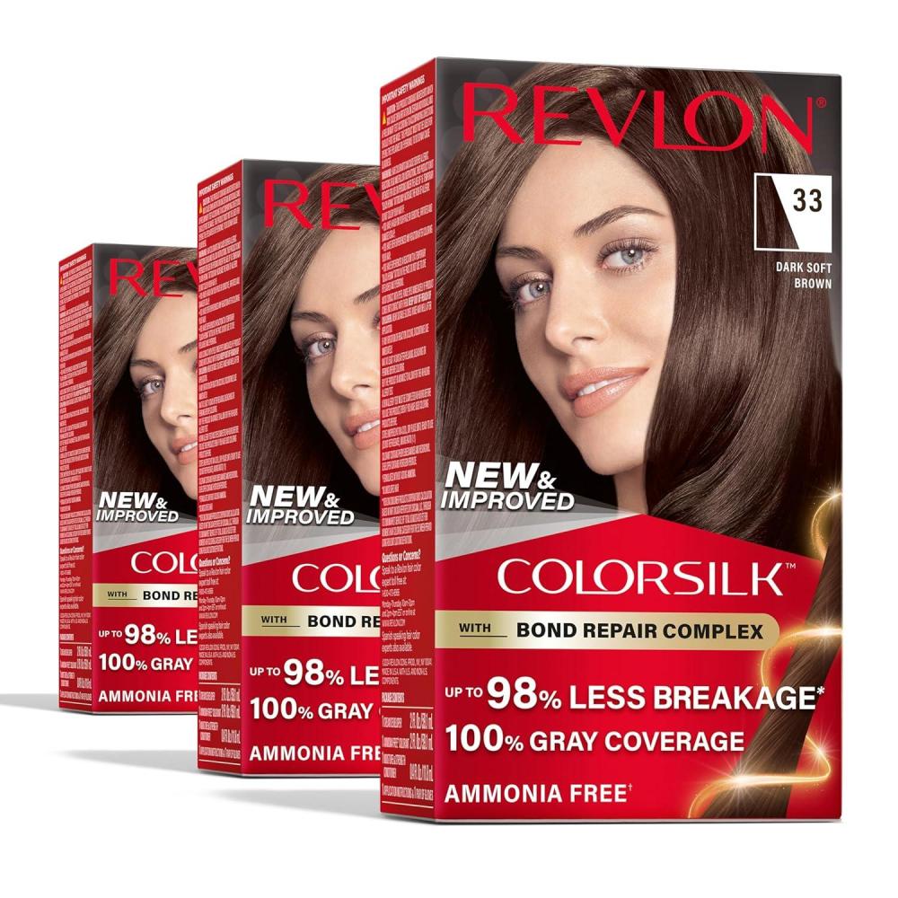 imageRevlon ColorSilk with Bond Repair Complex Brown Permanent Hair Color 100 Gray Coverage Ammonia Free Hair Dye Vegan Keratin 30 Dark Brown Pack of 333 Dark Soft Brown