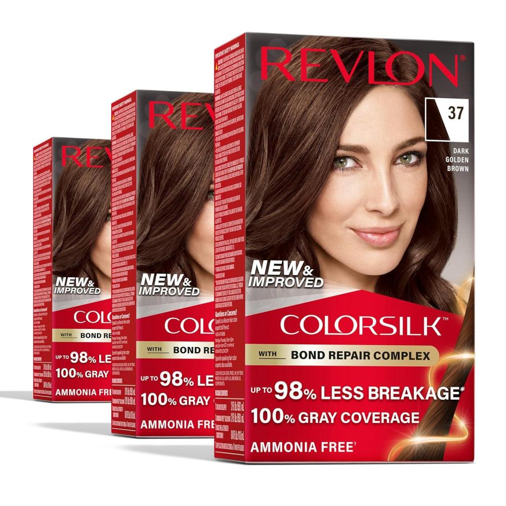imageRevlon ColorSilk with Bond Repair Complex Brown Permanent Hair Color 100 Gray Coverage Ammonia Free Hair Dye Vegan Keratin 30 Dark Brown Pack of 337 Dark Golden Brown