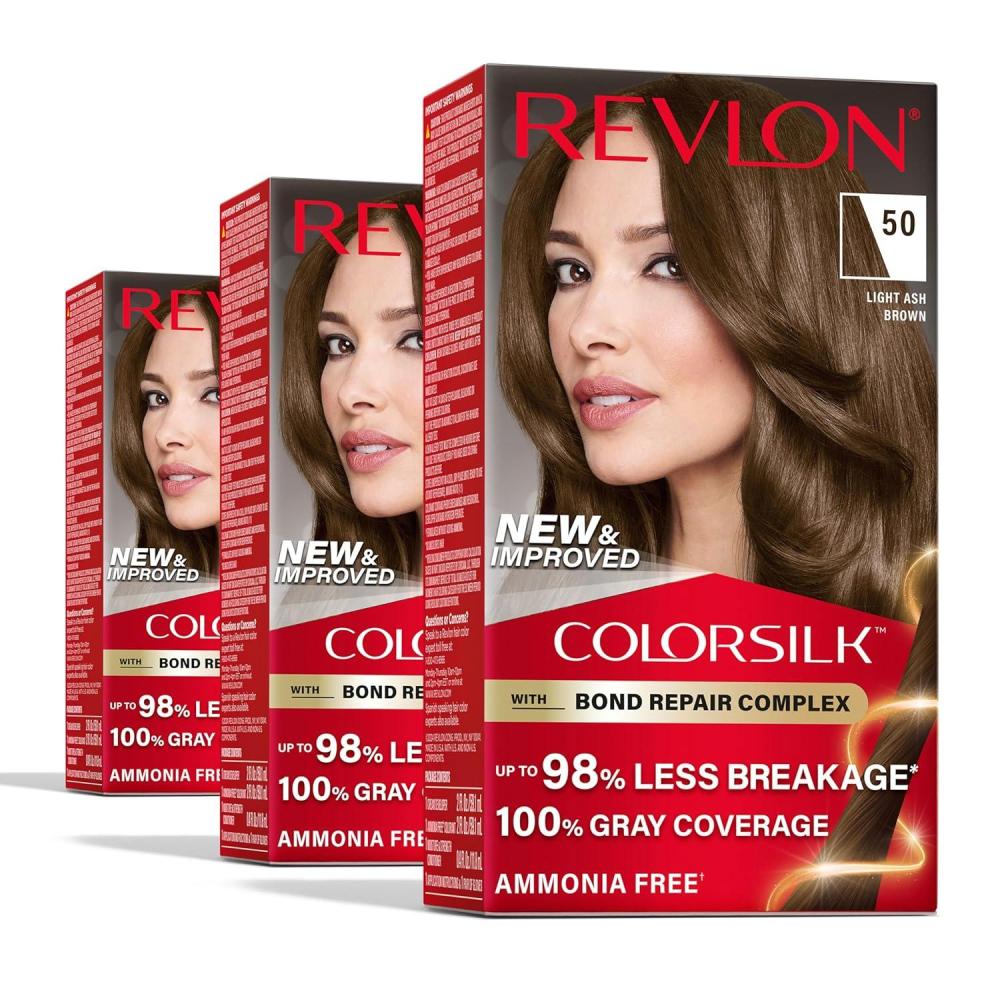 imageRevlon ColorSilk with Bond Repair Complex Brown Permanent Hair Color 100 Gray Coverage Ammonia Free Hair Dye Vegan Keratin 30 Dark Brown Pack of 350 Light Ash Brown