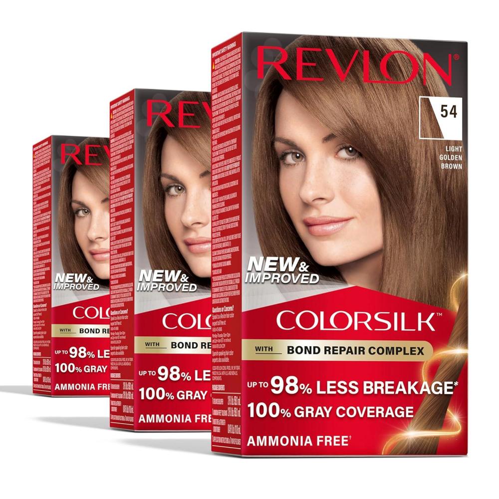imageRevlon ColorSilk with Bond Repair Complex Brown Permanent Hair Color 100 Gray Coverage Ammonia Free Hair Dye Vegan Keratin 30 Dark Brown Pack of 354 Light Golden Brown