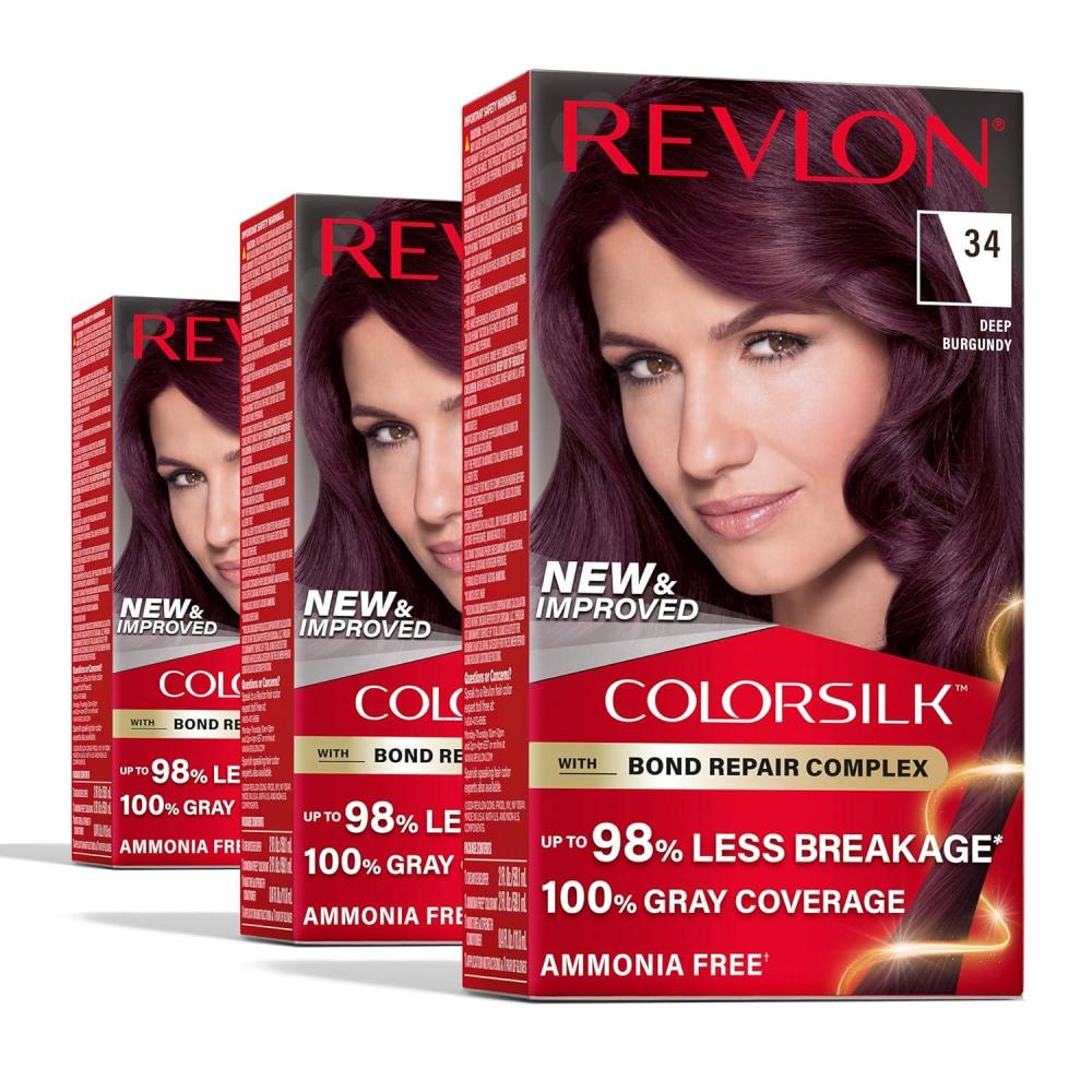 imageRevlon ColorSilk with Bond Repair Complex Burgundy Permanent Hair Color 100 Gray Coverage Ammonia Free Hair Dye Vegan Keratin 34 Deep Burgundy Pack of 334 Deep Burgundy